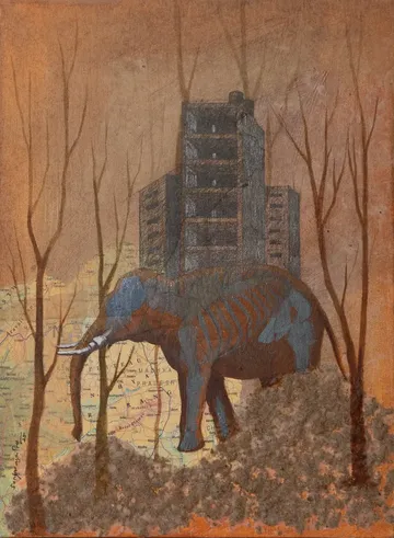 Towards the city II by Satyaranjan Das - Watercolour, sand, map, rice paper on Canson and board