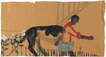 Morning walk with dog by G. Mahesha - Watercolor on brown paper