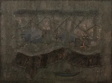 Land Alienation
by Manjit Gogoi - Mixed media (bamboo, cow dung, water hyacinth pulp, fishing hook and net)