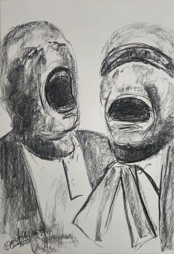 Dystopian duet by Kartik Tripathi - Charcoal on paper