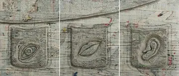 Shaping sight, speech and sound (triptych) by Shiv Kumar - Collected newspaper, plate, black ink (engraving)