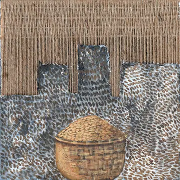 Survival threads, 6 by Satyaranjan Das - Cement, acrylic, jute threads, and wooden stretcher