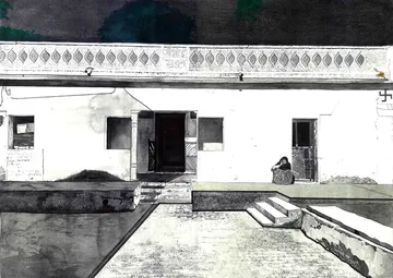 Territories of three: echoes in the landscape III, 3 by Kapil Jangid - Collage, digital print, ink, gouache color and graphite on paper