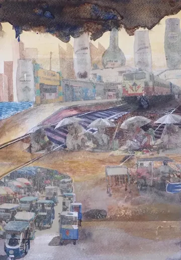 Poisonous sky by Bikramjit Paul - Poster color, watercolor, newspaper, charcoal, Fevicol, pencil, and gloss medium