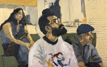 Listening as an activity by Akshit Satyarthi - Oil on mount board