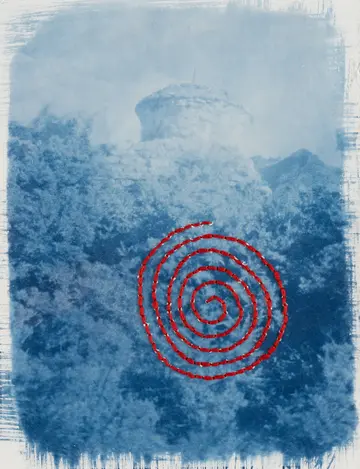 Passing by the chortens by Ayan Biswas - Hand Embroidery on Cyanotype