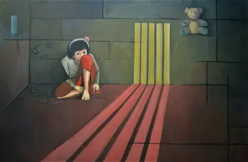 A child and a teddy bear by Kartik Tripathi - Acrylic on canvas