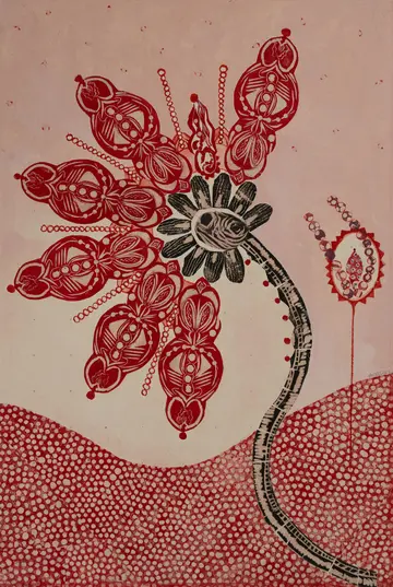 Bloom 5 by Avni Bansal - Woodcut collage and gouache on paper