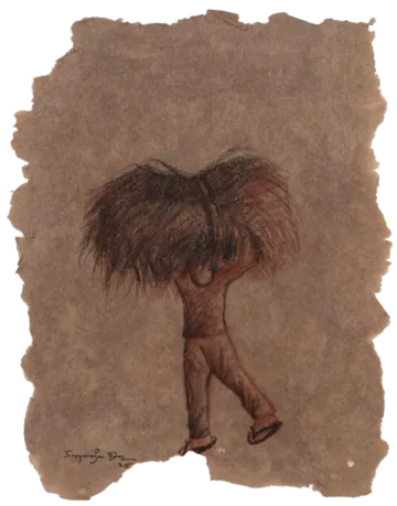 Survivor, 9 by Satyaranjan Das - Charcoal, watercolour, jute thread, paddy on handmade rice paper