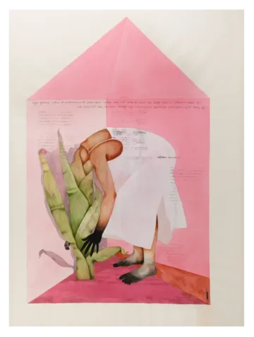 Pink house by Anup Let - Acrylic, pen & ink on Arches paper