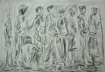 A queue by Kartik Tripathi - Charcoal on paper