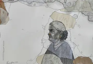 Historian by Navanshu Kumar - Charcoal, transparent parchment, rice paper, and ink on paper