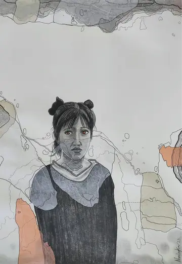 The young one II by Navanshu Kumar - Charcoal, transparent parchment, rice paper, and ink on paper