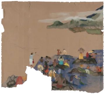 Holy bathers by G. Mahesha - Watercolor on brown paper