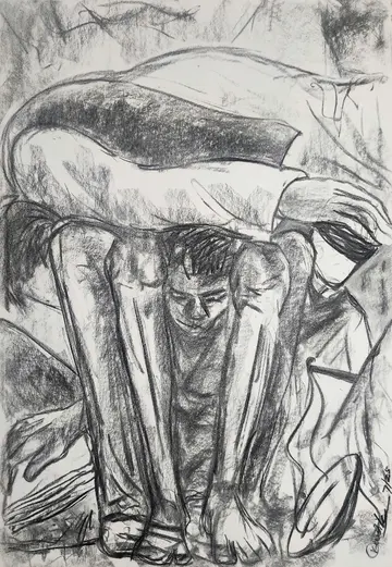 Bharvahakas (भारवाहक) by Kartik Tripathi - Charcoal on paper