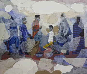 The hero’s journey by Navanshu Kumar - Charcoal, transparent parchment, rice paper, and acrylic on canvas