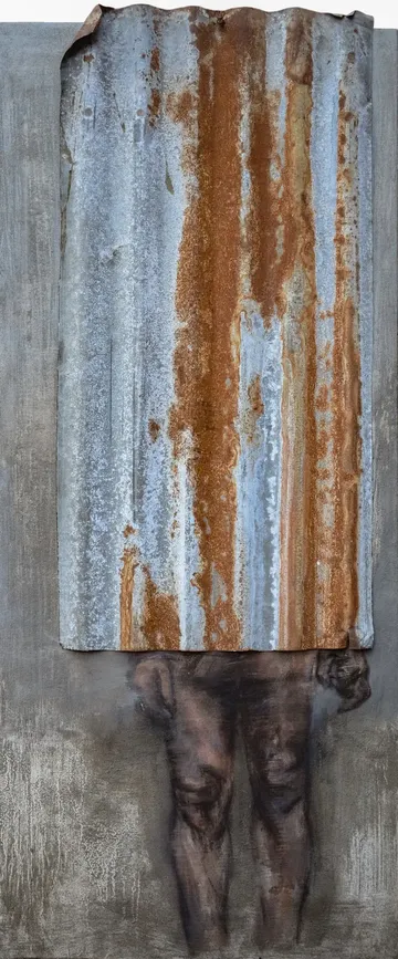 Corroded veil by Kiranjyoti Konwar - Corrugated tin sheet, river silt, acrylic, and charcoal on canvas