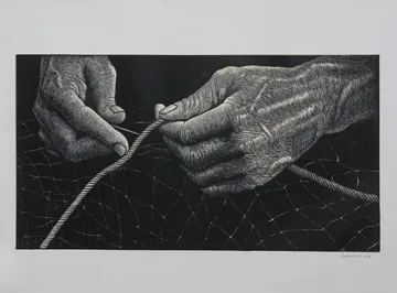 Labour by Khokan Giri - Linocut