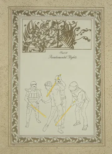 A promise of rights, a regime of fear, 6 by Harun Al Rashid Mollah - Traced drawing (based on verified incidents), gold pigment, and pigment print