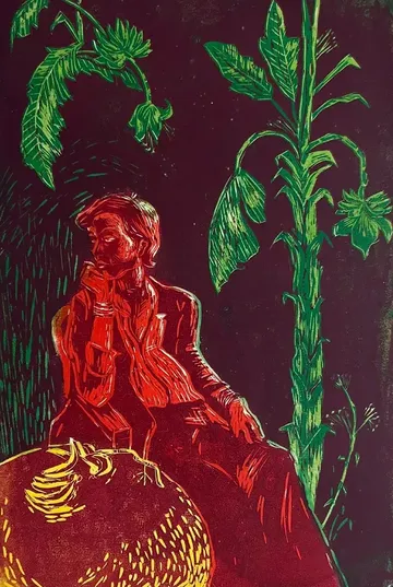 Banana eater by Tushar Tanwar - Woodcut coloured print on sheet