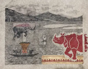 Erase / encroach by Manjit Gogoi - Charcoal, pen, pencil drawing, paper weaving, textile, and clay on water hyacinth paper