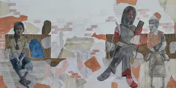 The girl who lived by Navanshu Kumar - Charcoal, transparent parchment, rice paper, corrugated cardboard, and acrylic on canvas