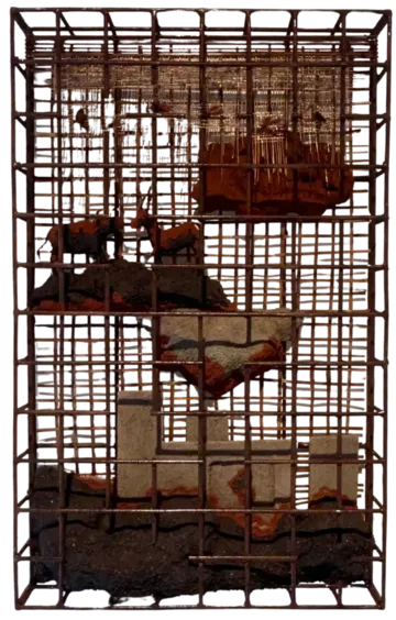 Fragments of excess by Manjit Gogoi - Mixed media (bamboo, iron, construction waste)