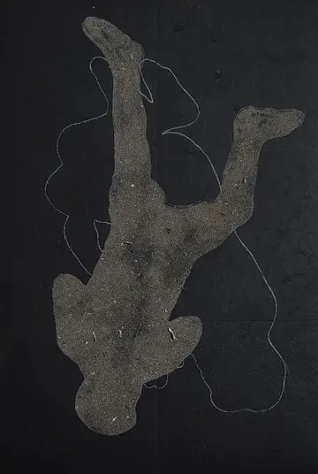 Muted voices, 2 by Shiv Kumar - Collected newspaper, dust, rice paper, acrylic on canvas