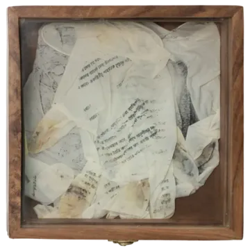 আত্মরক্ষা Barrage, 6 by Anup Let - Writing transfer, gloves on wooden boxes with glasses