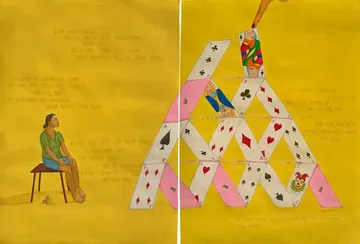 Tasher Ghor (The house of cards) by Oliva Saha - Natural pigment, watercolor, gouache, nail polish, crayon, pencil, and block print on acid-free Canson paper