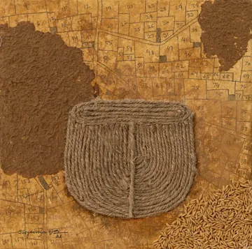 The measurements by Satyaranjan Das - Watercolour, ink, paddy, jute thread, paper pulp, rice paper on canvas